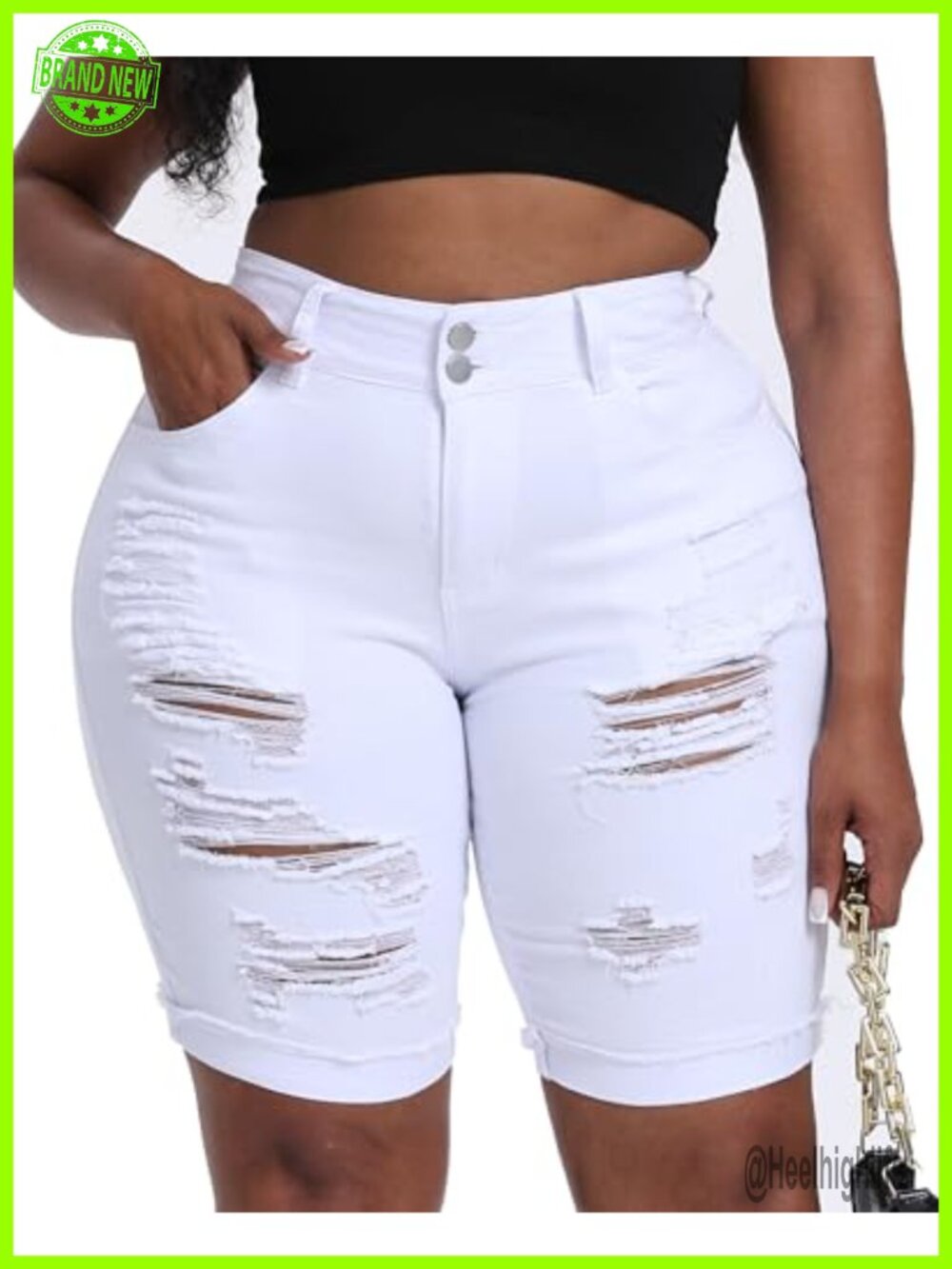 Plus Size High Waisted Ripped Roll Hem Denim Bermuda Shorts 10 Inseam
